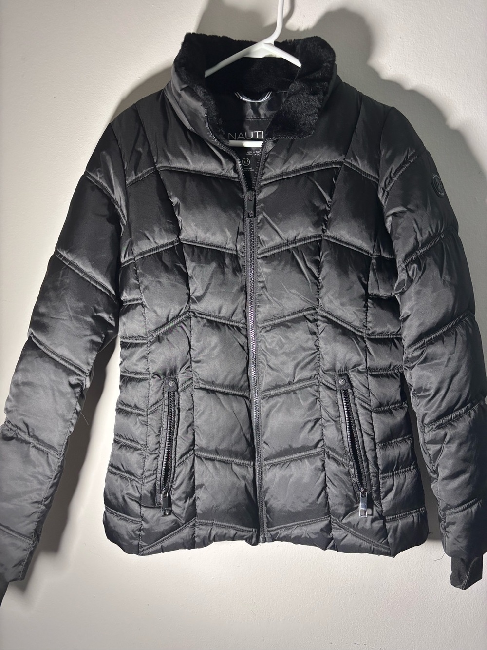 Nautica Women’s Black Quilted Puffer Jacket with Faux Fur Collar